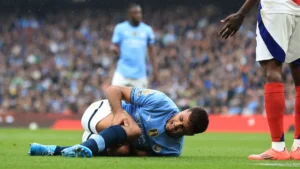 Manchester City midfielder Rodri is injured in a collision with Arsenal's Thomas Party leading to his substitution.