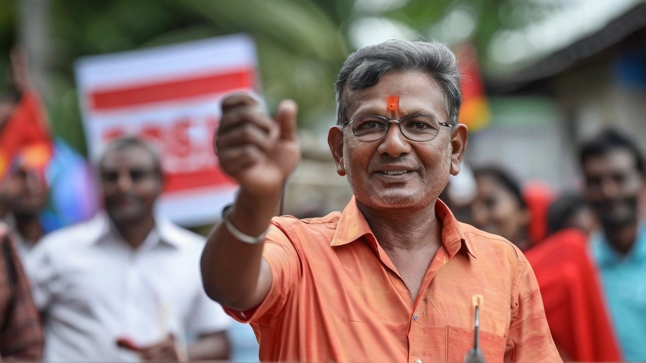 a man with orange shirt and red dot on his forehead